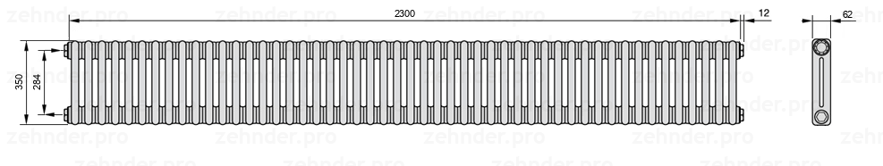 Схема (чертеж) Радиатор Zehnder Charleston 2035/50 №1270 Белый глянцевый RAL 9016